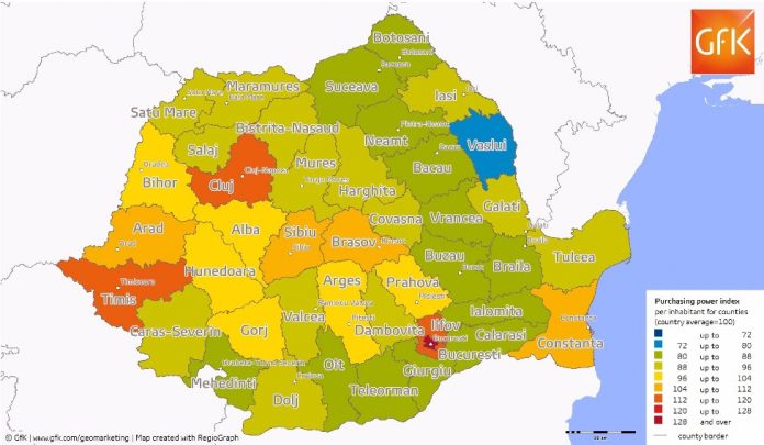 Așa arată harta României în ceea ce privește puterea de cumpărare a cetățenilor (Gfk)