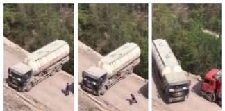 Întoarcere care-ți taie respirația, făcută de un șofer de camion aflat pe buza prăpastiei șofer china întoarcere