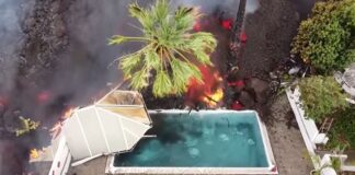 Erupția din Spania. O dronă a surprins momentul în care lava se scurge într-o piscină, vaporizând apa instantaneu erupția spania la palma