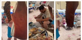 Un turist din Costinești și-a atârnat sub umbrelă mai multe hălci de șuncă afumată șunci afumate costinești