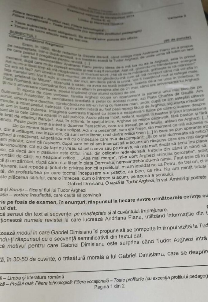 Ce subiecte leau picat elevilor la Limba română la examenul de Bacalaureat