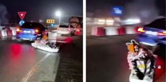 Un șofer a făcut drifturi într-un sens giratoriu cu un sicriu legat de mașină în care se aflau 2 tineri